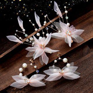 Wedding Set: Faux Pearl Mesh Flower Hair Clip + Hoop Dangle Earring Set - Hair Clip & Clip On Earrings - One Size