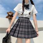 Set: Short-sleeve Bear Embroidered Shirt + Plaid A-line Skirt