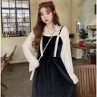 Lantern-sleeve Blouse / Lace Trim Spaghetti Strap Midi A-line Dress