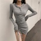 Hooded Drawstring Long-sleeve Mini T-shirt Dress