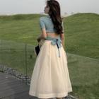 Open-back Short-sleeve Cropped Top / Midi A-line Skirt