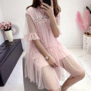 Sequined Elbow-sleeve Mesh Dress