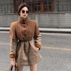 Plaid Button-up Jacket / Turtleneck Knit Shawl / Belt