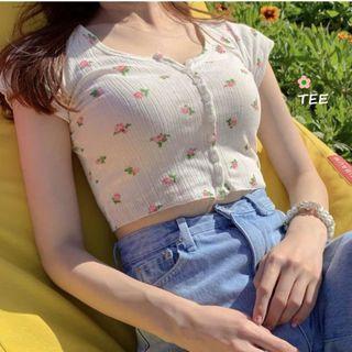 Floral Short-sleeve Crop Top White - One Size