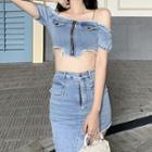Off-shoulder Denim Zip Cropped Top / Asymmetrical Mini Fitted Skirt
