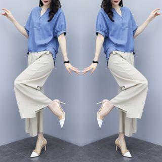 Set Of 2 - V-neck Loose-fit Flax Top + Plain Cotton Linen Wide-leg Pants