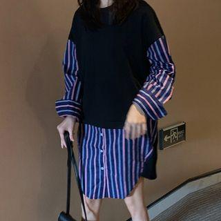 Striped Mock Two Piece Midi Dress Black - One Size