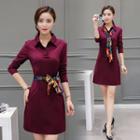 Long-sleeve Collared Dress With Scarf