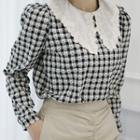 Lace-collar Puff-sleeve Gingham Floral Blouse