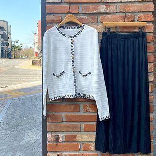 Set: Pointelle-knit Mock Cardigan + Crystal-pleat Long Skirt