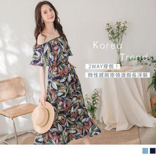 Ruffle Trim Leaf-print Off-shoulder Midi Dress