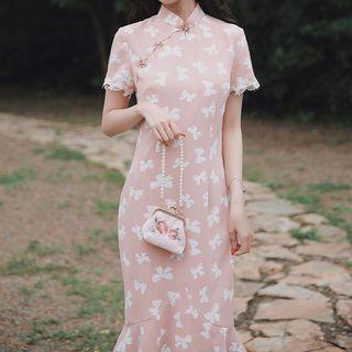 Short-sleeve Bow Print Midi Mermaid Qipao Dress