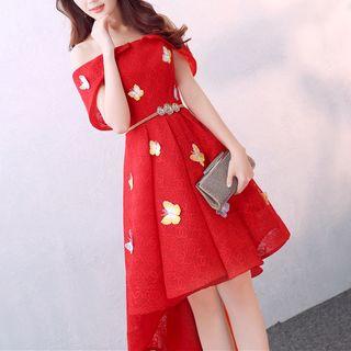 Butterfly Applique Off Shoulder High Low Cocktail Dress