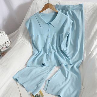 Set: Sleeveless Collared Knit Top + Wide-leg Pants