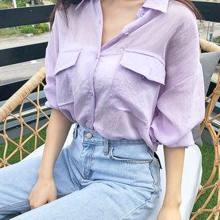 Flap-pocket Bishop-sleeve Sheer Shirt