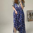 Sleeveless Floral Print Midi A-line Dress Blue - One Size
