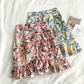 Asymmetric High-waist Floral Ruffled-trim A-line Skirt