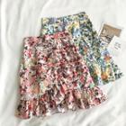 Asymmetric High-waist Floral Ruffled-trim A-line Skirt