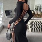 Long-sleeve Lace-up Open Back Midi Bodycon Dress
