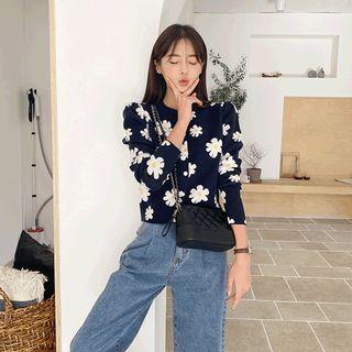Puff-shoulder Floral Print Cardigan Navy Blue - One Size