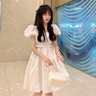 Square-neck Plain Printed A-line Dress