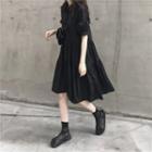 Elbow-sleeve Plain Puff Midi Dress Black - One Size