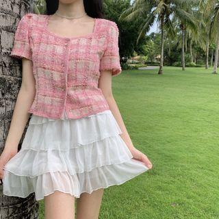 Short-sleeve Tweed Button-up Top