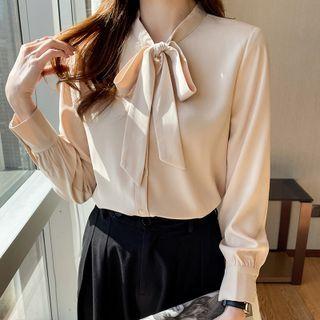 Long-sleeve Plain Lace Up Loose Fit Shirt