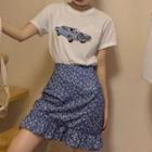 Short-sleeve Car Print T-shirt / Floral Print A-line Skirt