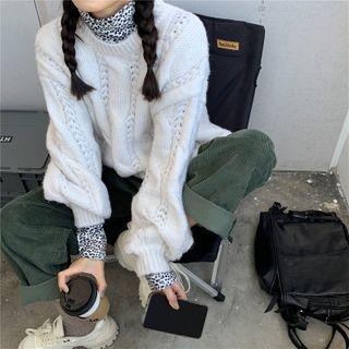 Long-sleeve Leopard Print T-shirt / Cable Knit Sweater