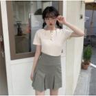 Crewneck Plain Top / High-waist Plain Pleated Mini Skirt