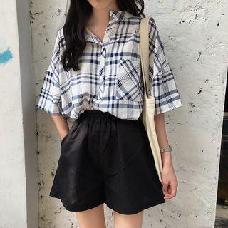 Stand Collar Short Sleeve Plaid Shirt / Elastic Waist Shorts
