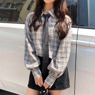Plaid Shirt / Contrast Trim V-neck Knit Vest