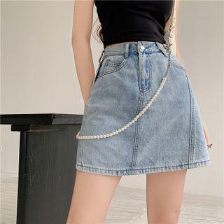 Chained Denim Mini A-line Skirt