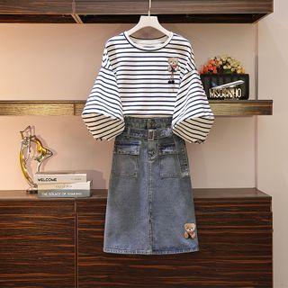 3/4-sleeve Striped T-shirt / Midi Fitted Denim Skirt / Set