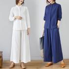 Set: Long-sleeve Stand Collar Shirt + Wide Leg Pants