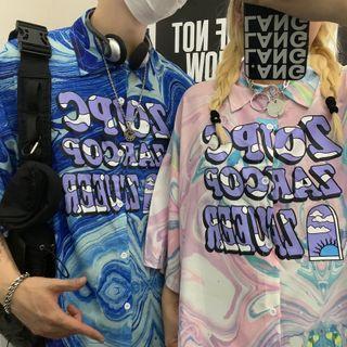 Elbow-sleeve Lettering Tie-dye Shirt