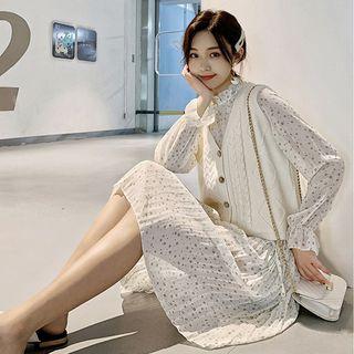 Floral Long-sleeve Dress / Knit Vest