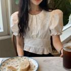 Puff-sleeve Lace Plain Blouse White - One Size