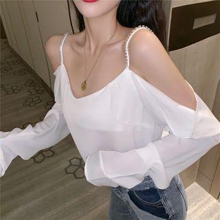 Long-sleeve Cold Shoulder Chiffon T-shirt
