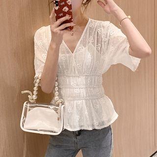 Set: Plain Camisole Top + V-neck Short-sleeve Blouse