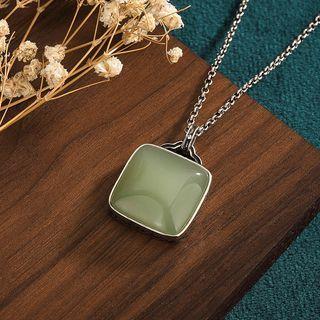 Square Faux Gemstone Pendant Alloy Necklace Cp525 - Silver & Green - One Size