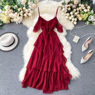 Cap-sleeve Cold-shoulder Midi A-line Chiffon Dress
