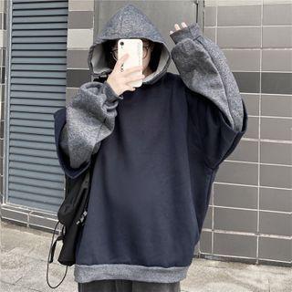 Fleece-lined Mock Two Piece Hoodie Navy Blue - One Size