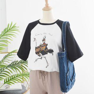 Short-sleeve Ostrich Print T-shirt White - One Size
