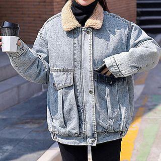 Padded Furry Trim Washed Denim Jacket