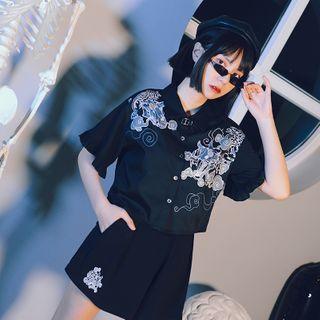 Panel Short-sleeve Printed Cropped Blouse