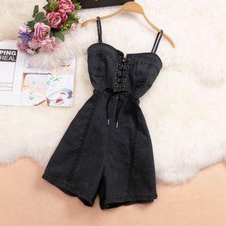 Spaghetti-strap Lace-up Denim Romper