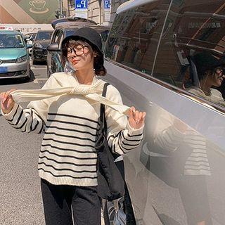 Set: Striped Loose-fit Sweater + Shawl
