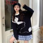 Long-sleeve Round-neck Cat Print Sweater Black - One Size